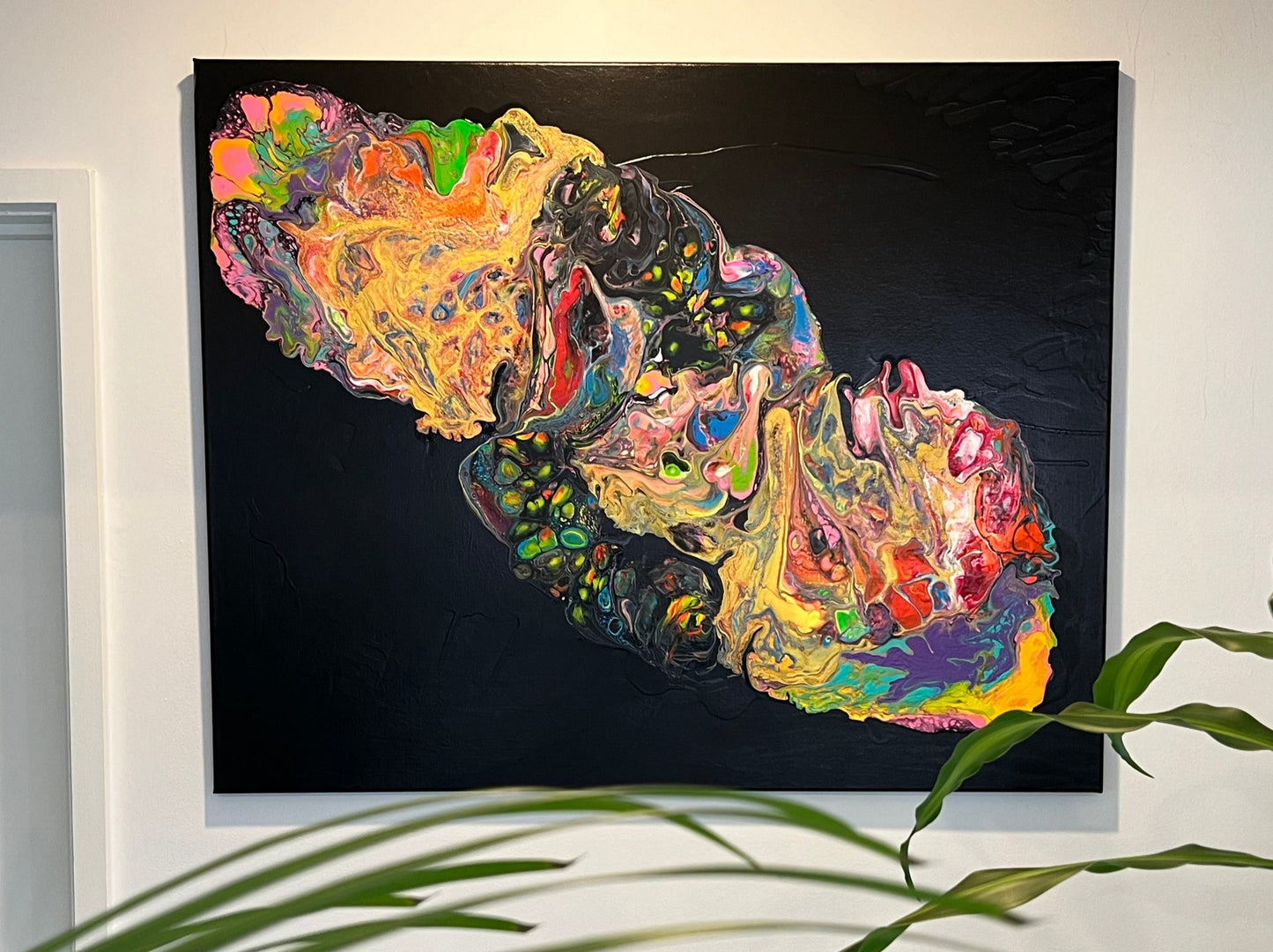 'Nebular Radiance' - Large Black 24 Carat Gold Flow Painting - 32” x 40” x .75”